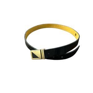 Vintage Black & Gold Leather Belt Geometric Buckle Adjustable Fit Size L Unisex